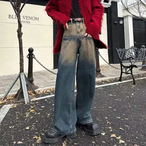 Japanese Brand × Jean Retro yellow cement washed distressed wide leg jeans Size US 32 / EU 48 - 1 Thumbnail