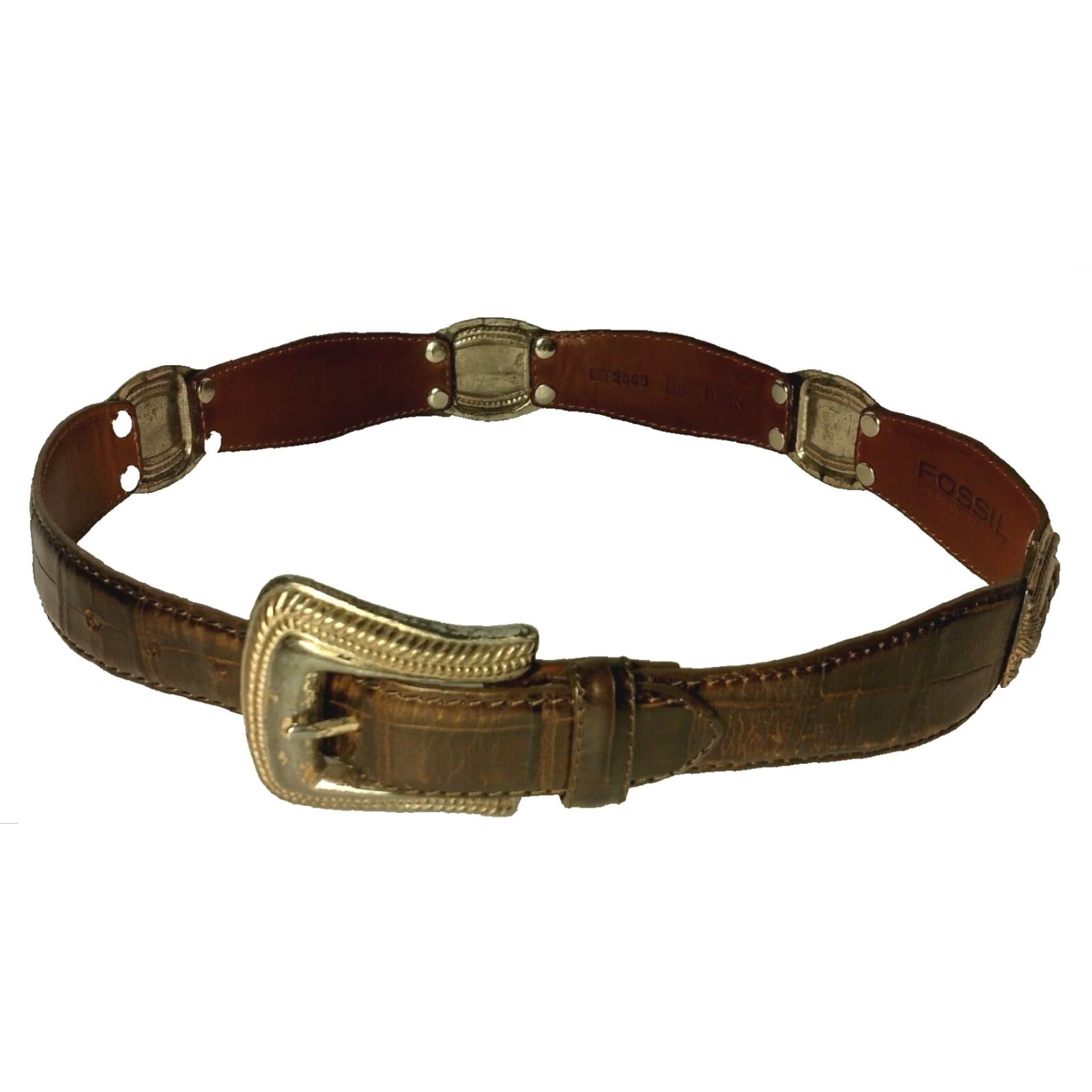 Fossil Fossil Belt Women Medium Brown Leather Metal Links Adjustable Distressed Size ONE SIZE - 2 Thumbnail