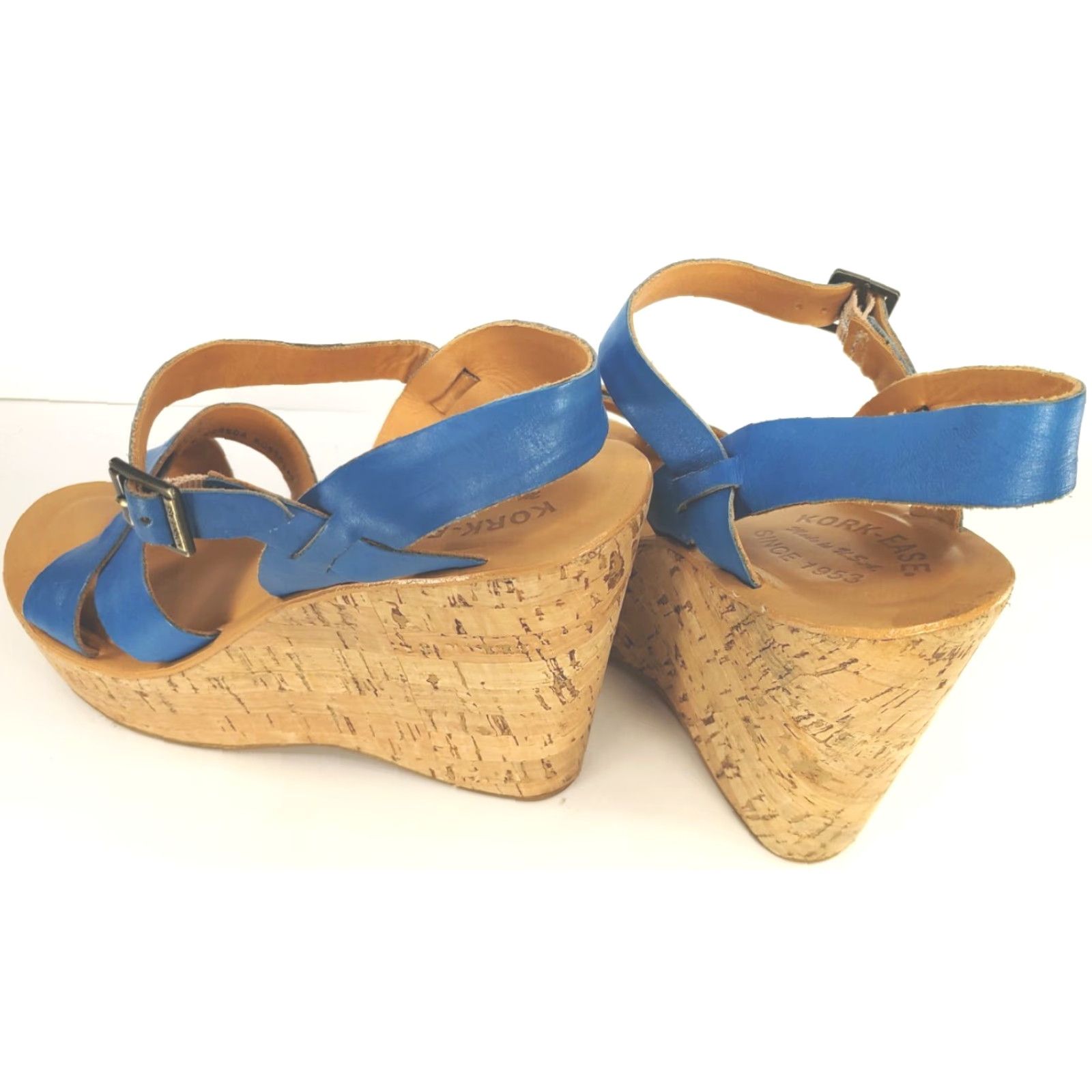 Vintage Kork-Ease Sandal Women's 9 Leather Crossover Slingback Cork Wedge Blue Buckle Sl ним Size US 9 / IT 39 - 5 Thumbnail