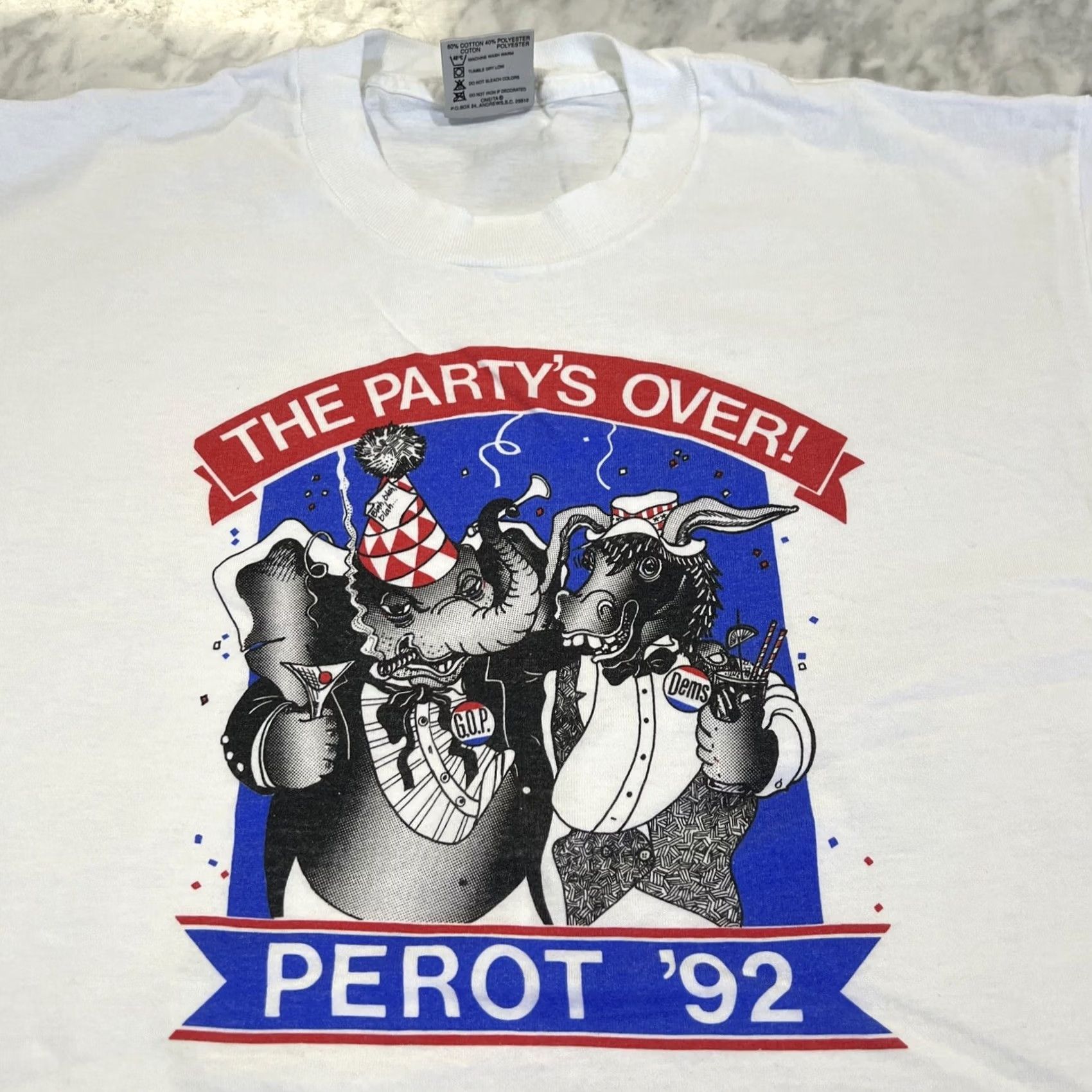 Vintage VINTAGE Perot ‘92 Tshirt 1992 The Party’s Over Single Stitch White XL GOP Democratic Size US XL / EU 56 / 4 - 2 Thumbnail