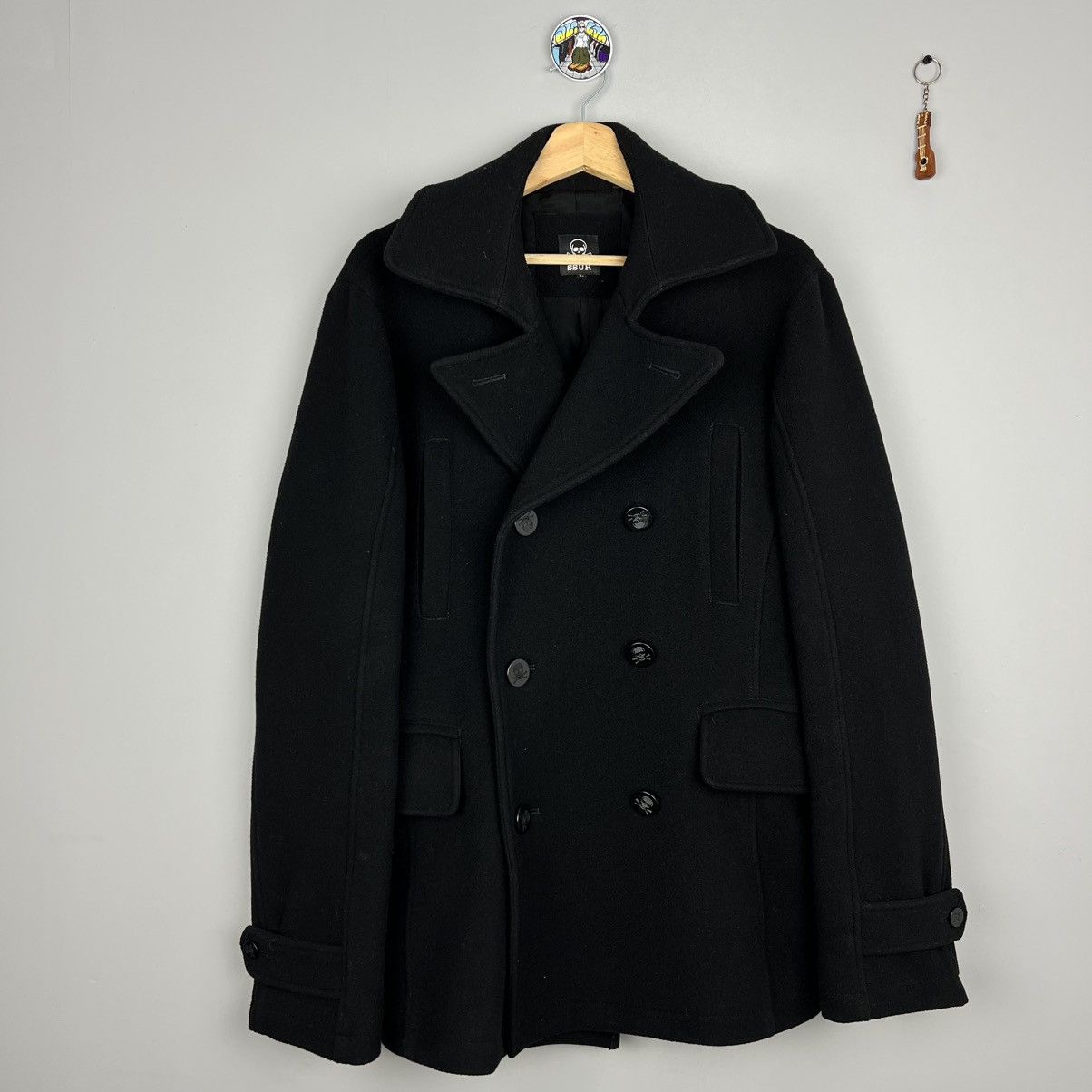 SSUR made in Japan black wool pea coat skull buttons