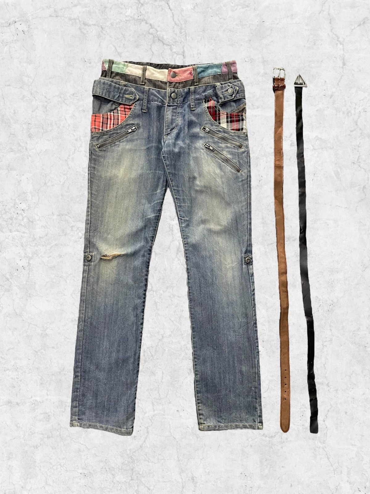 Japanese Brand Vintage Manydope Double Waist Denim Pants With Leather Belt Size US 32 / EU 48 - 2 Thumbnail