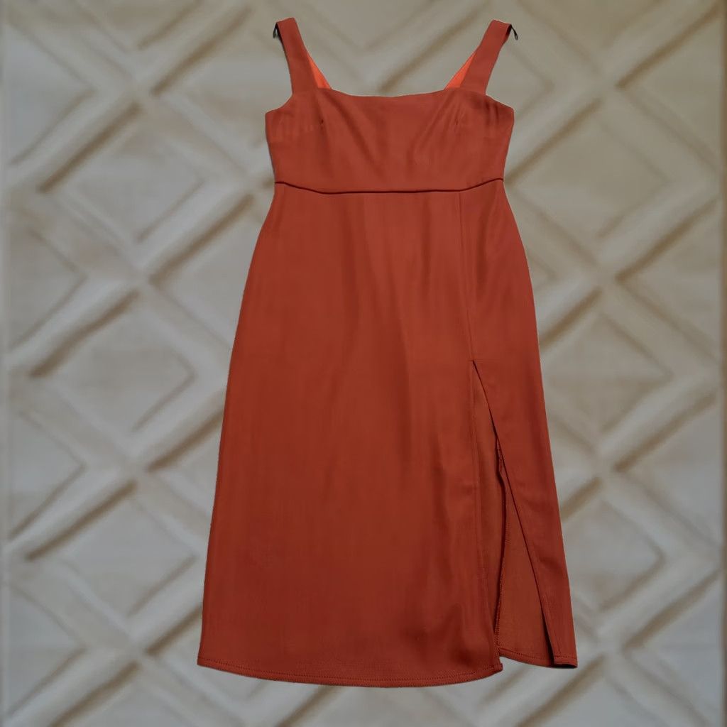 Vintage Babaton Dress Womens 0 Rust Orange Midi Sheath Square Neck Side Slit Size XS / US 0-2 / IT 36-38 - 1 Thumbnail
