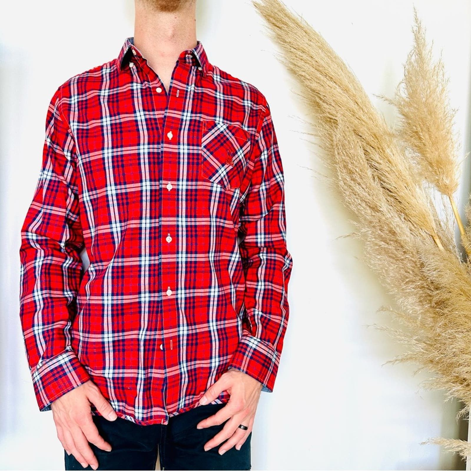 image of New Psycho Bunny Blue Red White Plaid Flannel Button Shirt, Men's (Size Medium)