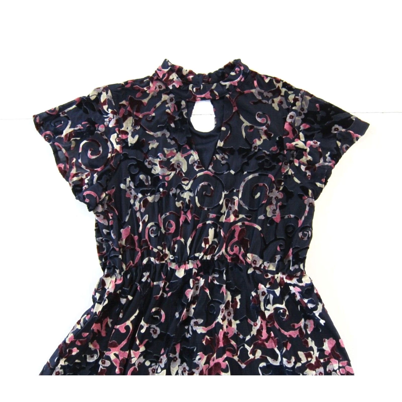 Vintage Bongo Blue Pink Floral Stretch Velvet High Neck Boho Sheath Empire Dress Small Women Short Sleeve Knee Length Size S / US 4 / IT 40 - 3 Thumbnail