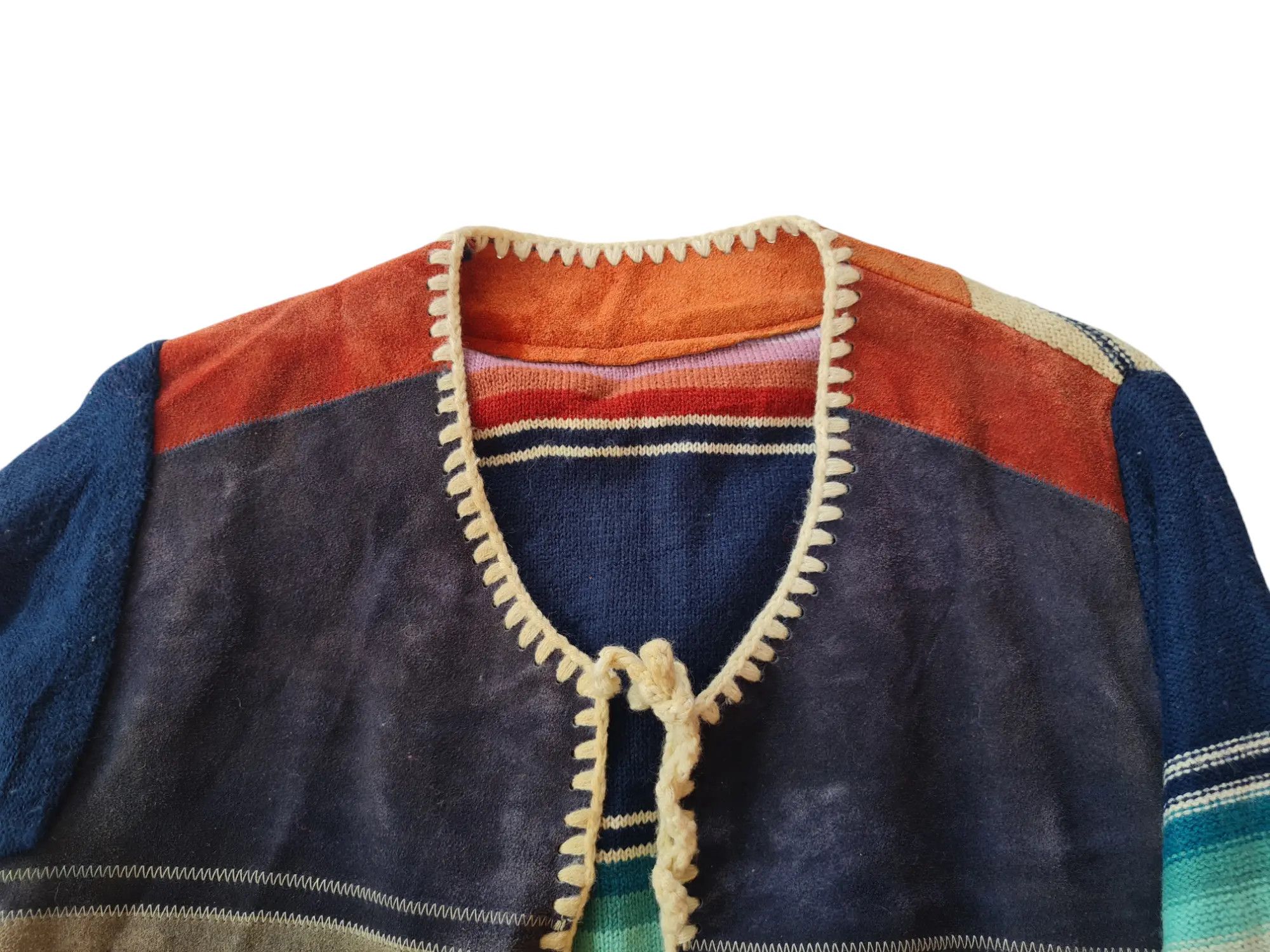 Vintage KNIT & SUEDE STRIPED TEXTILE PATCHWORK CARDIGAN Size US M / EU 48-50 / 2 - 3 Thumbnail
