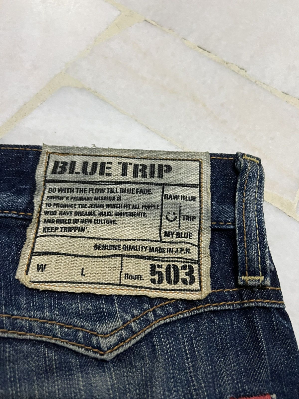 Edwin × Japanese Brand × Jean Edwin 503 Blue Trip Distress Jean Size US 31 - 22 Thumbnail