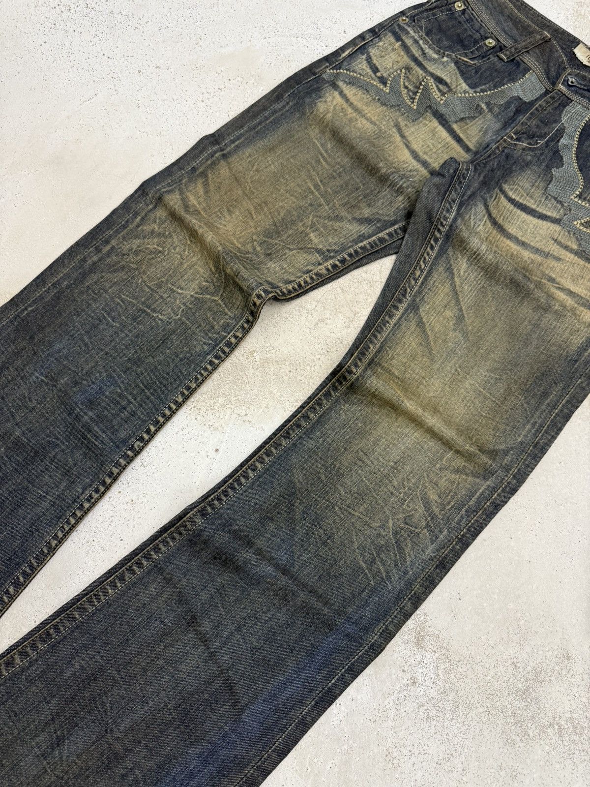 If Six Was Nine Ikka Japan Tribal Embroidered Muddy Wash Flared Denim Jeans Size US 29 - 3 Thumbnail