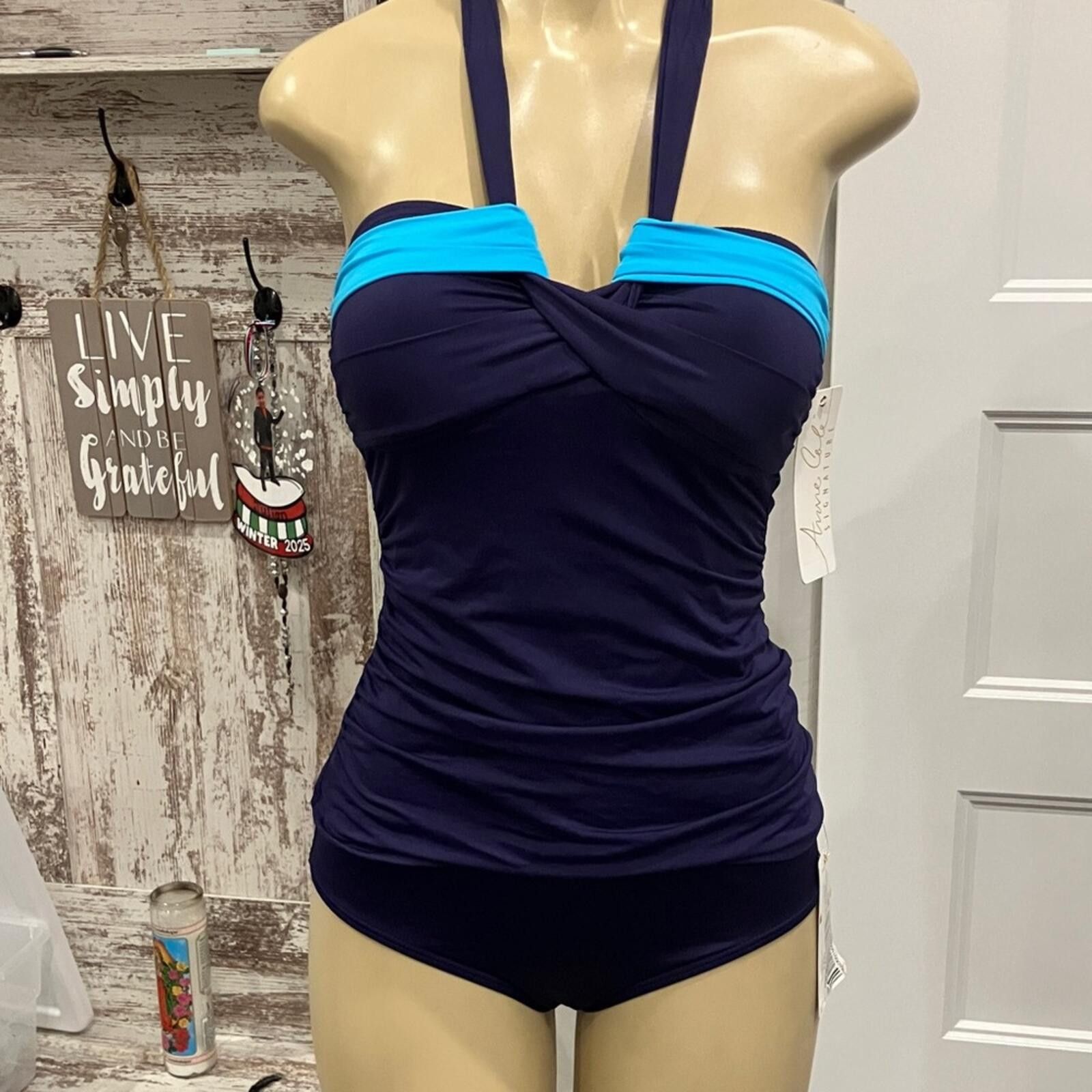 Other Anne Cole Navy with Aqua Twist-Front 2-Piece Swim Size ONE SIZE - 1 Thumbnail