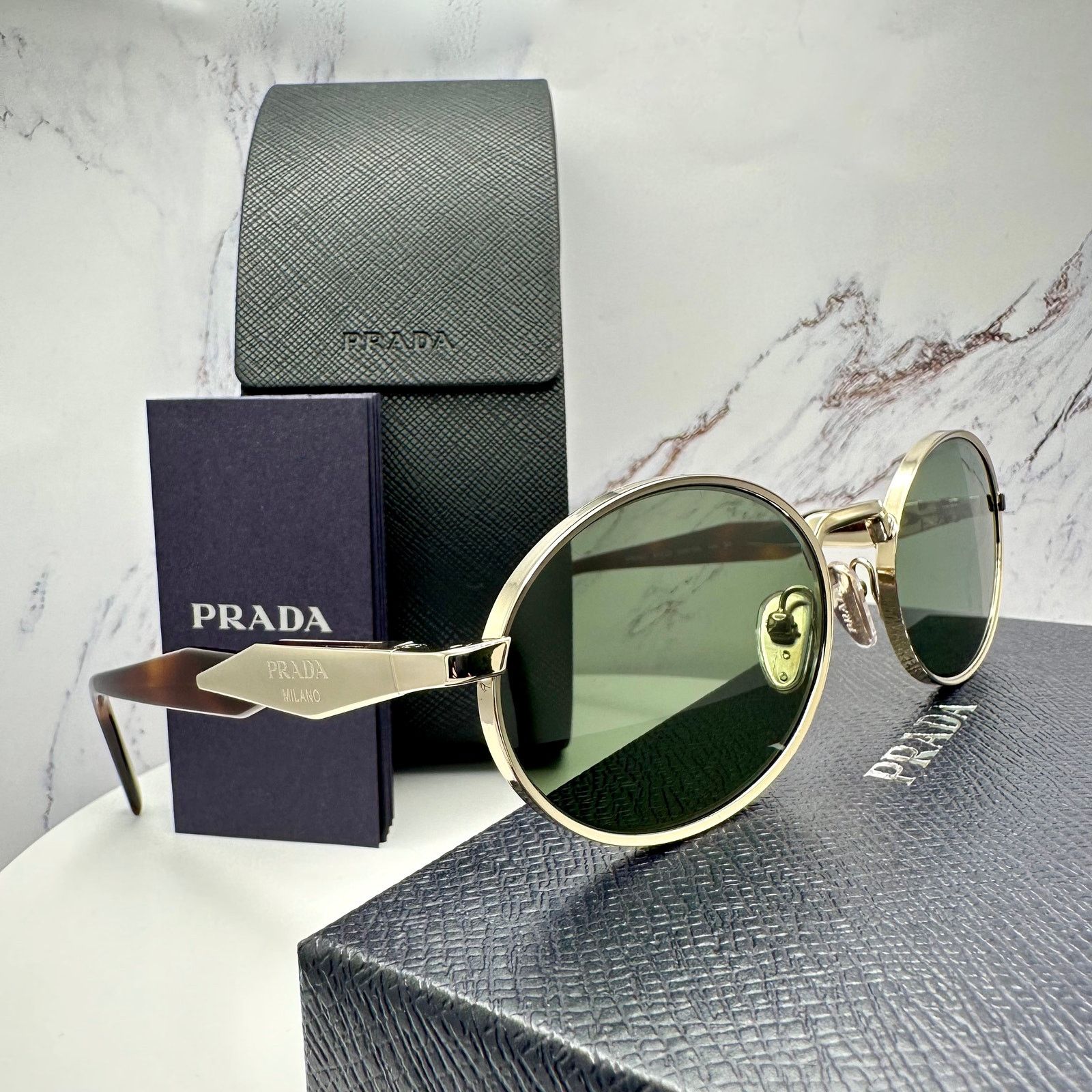 NEW PRADA Sunglasses Gold Metal Oval Round PR65ZS Green Lens