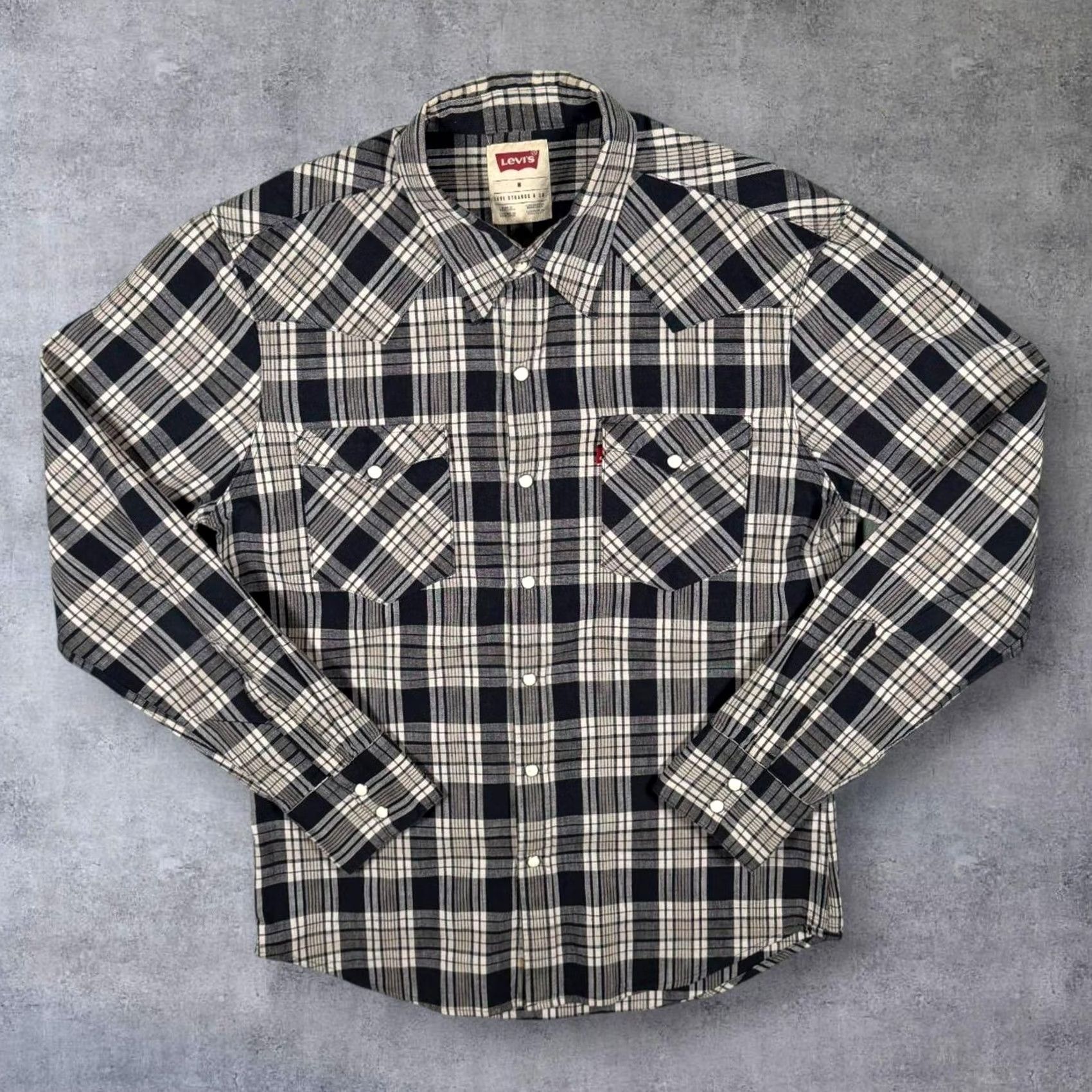 Levi's Levi's Western Style Plaid Check Cotton Popper Long Sleeve Shirt M Black / Grey / White Check Mens Regular Button-Up Size US M / EU 48-50 / 2 - 2 Thumbnail