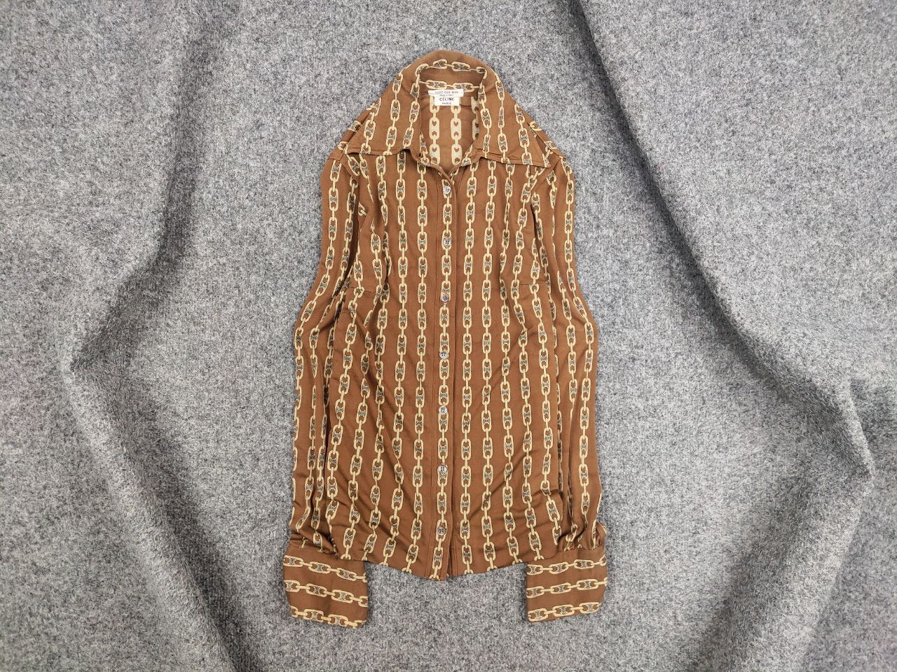 image of Archival Clothing x Celine Vintage 70's Celine Pure Silk Monogram Logo Blouse Shirt in Brown/Beige,