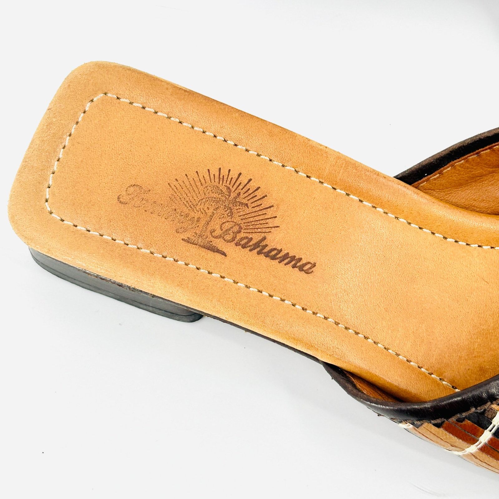 Vintage 90s Brown Tan Woven Leather Block Heel Mules