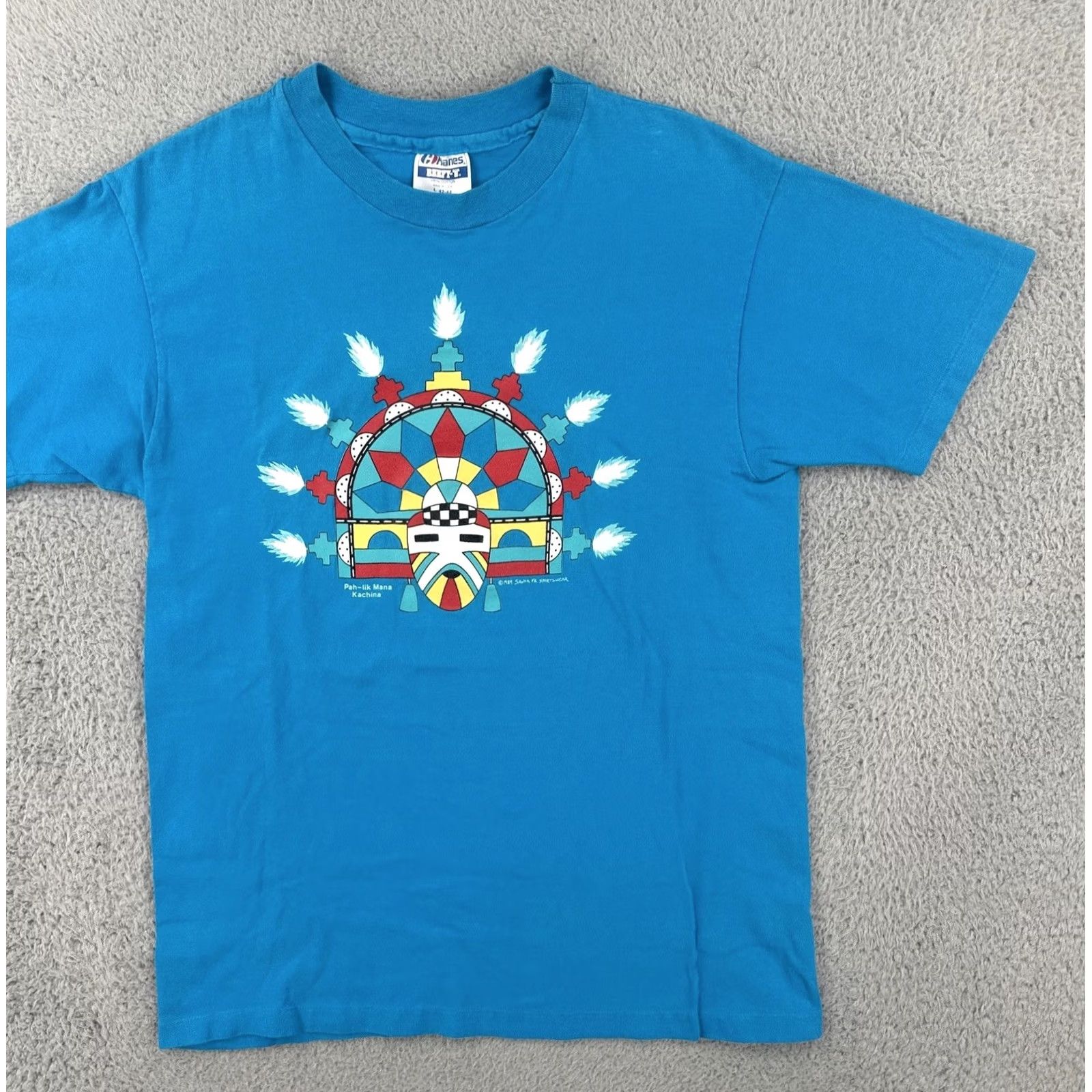 Hanes VINTAGE Hanes Beefy-T Shirt Blue 80s USA Pah-lik Mana Kachina Medium Men Short Sleeve Crew Neck Cotton Knit Size US M / EU 48-50 / 2 - 2 Thumbnail