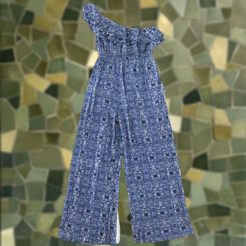 Vintage VINTAGE Angie 100% Rayon Blue White Floral One Shoulder Pocket Wide Leg Jumpsuit Small Size 28" / US 6 / IT 42 - 1 Thumbnail