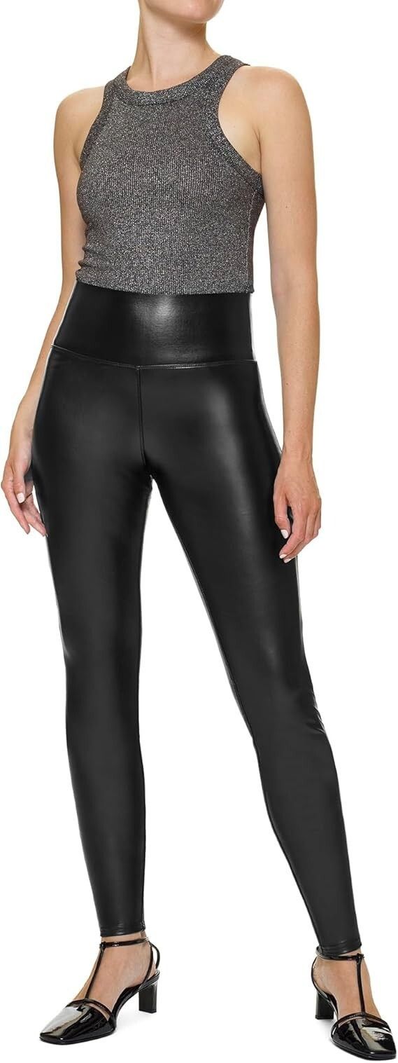 HUE U23621 Tummy Control Faux Leather Leggings Black ( S )