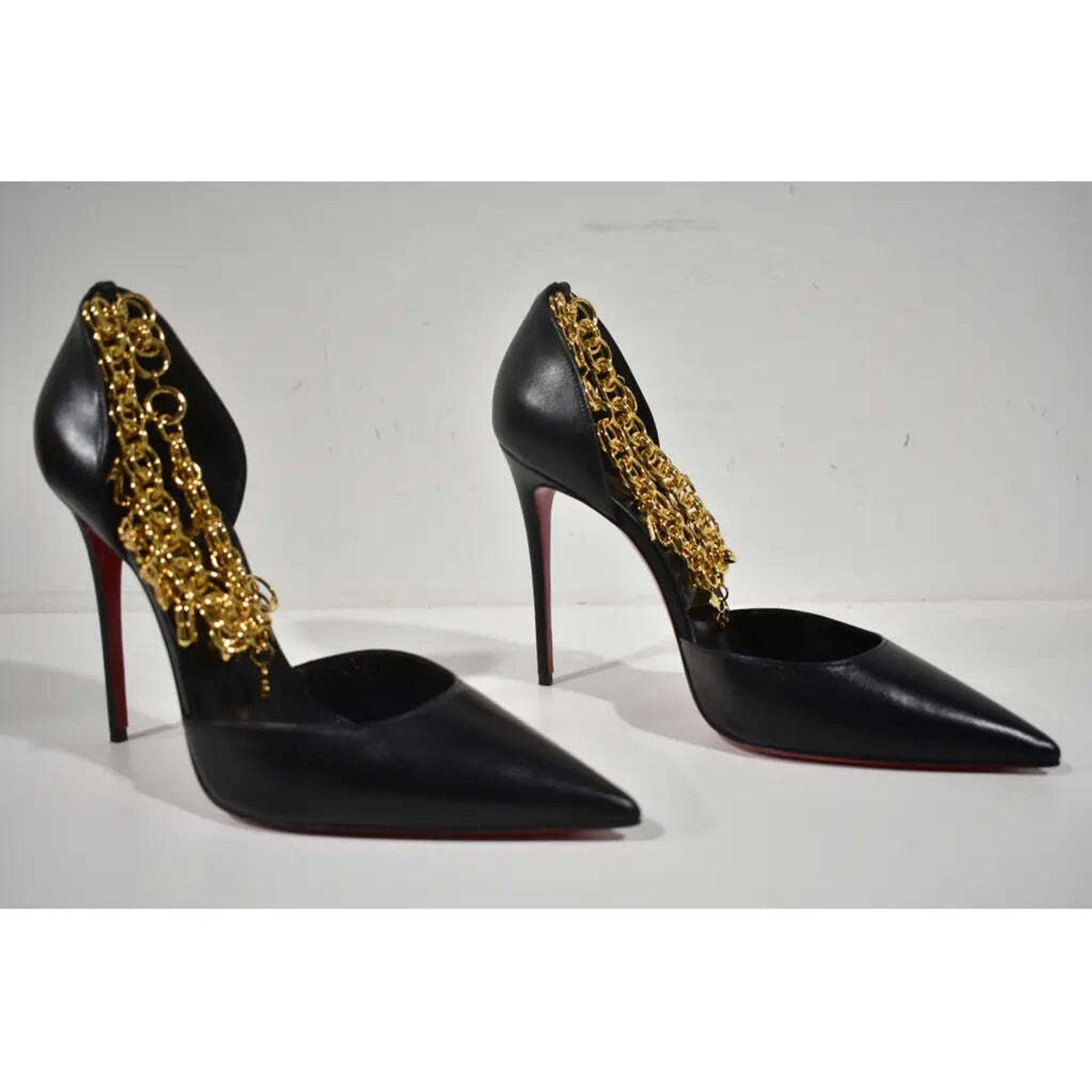 Christian Louboutin Gourmi Pump 100 Black Gold Charm Ankle Strap Pointed Heel 42 Size US 12 / IT 42 - 3 Thumbnail