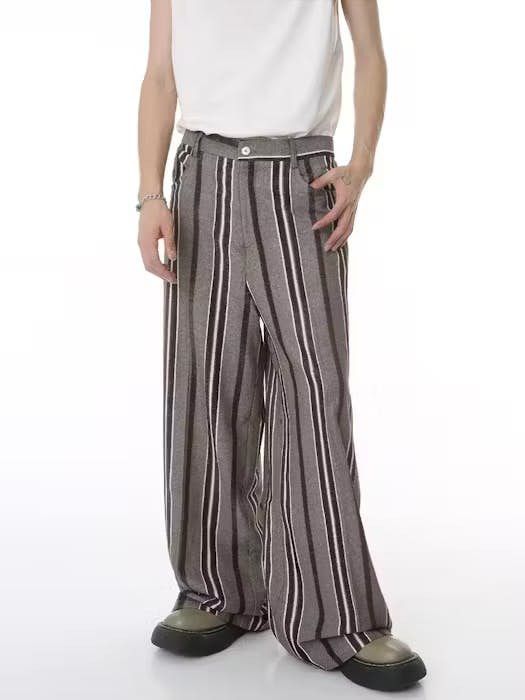 image of Vintage Striped Loose Baggy Pants in Beige Black, Men's (Size 30)