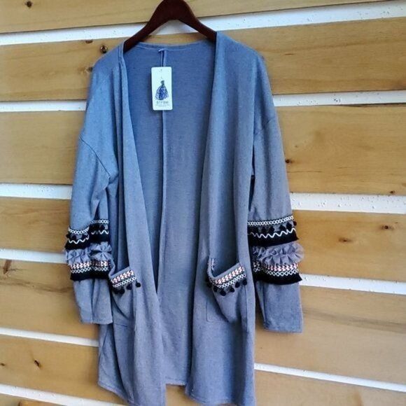 Designer BTFBM Gray Unique Embellished Ribbon, Pompoms Sleeves & Pock Size L / US 10 / IT 46 - 1 Thumbnail