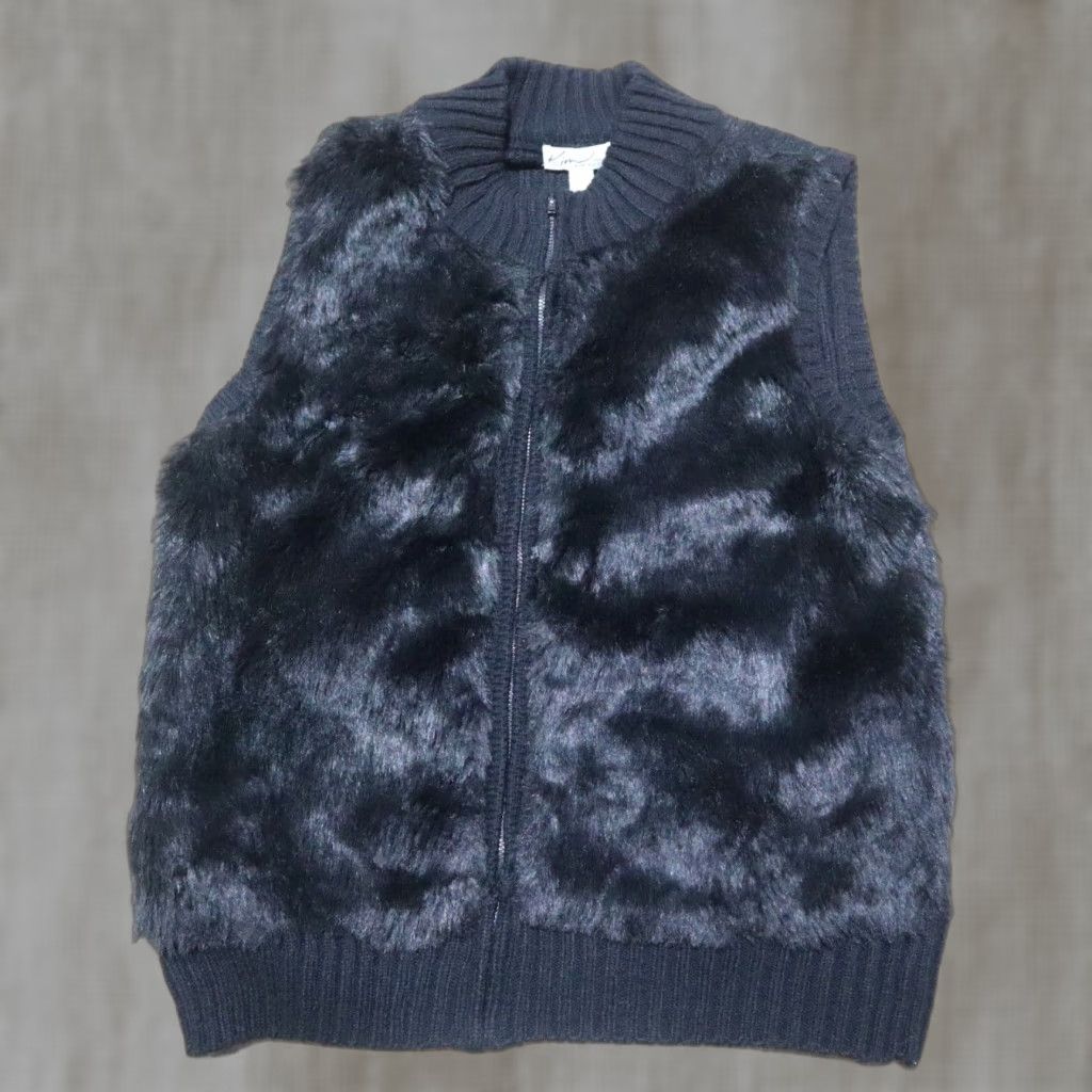 Vintage Kim Rogers Vest Women PL Black Faux Fur Knit Back Ribbed Stretch Zip Size L / US 10 / IT 46 - 1 Thumbnail
