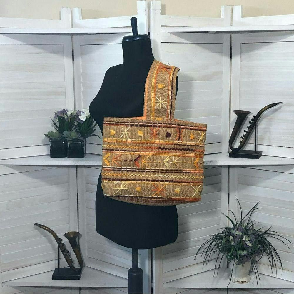 Vintage Vtge boho burlap tote elbow bag purse yarn embroidered Size ONE SIZE - 2 Thumbnail