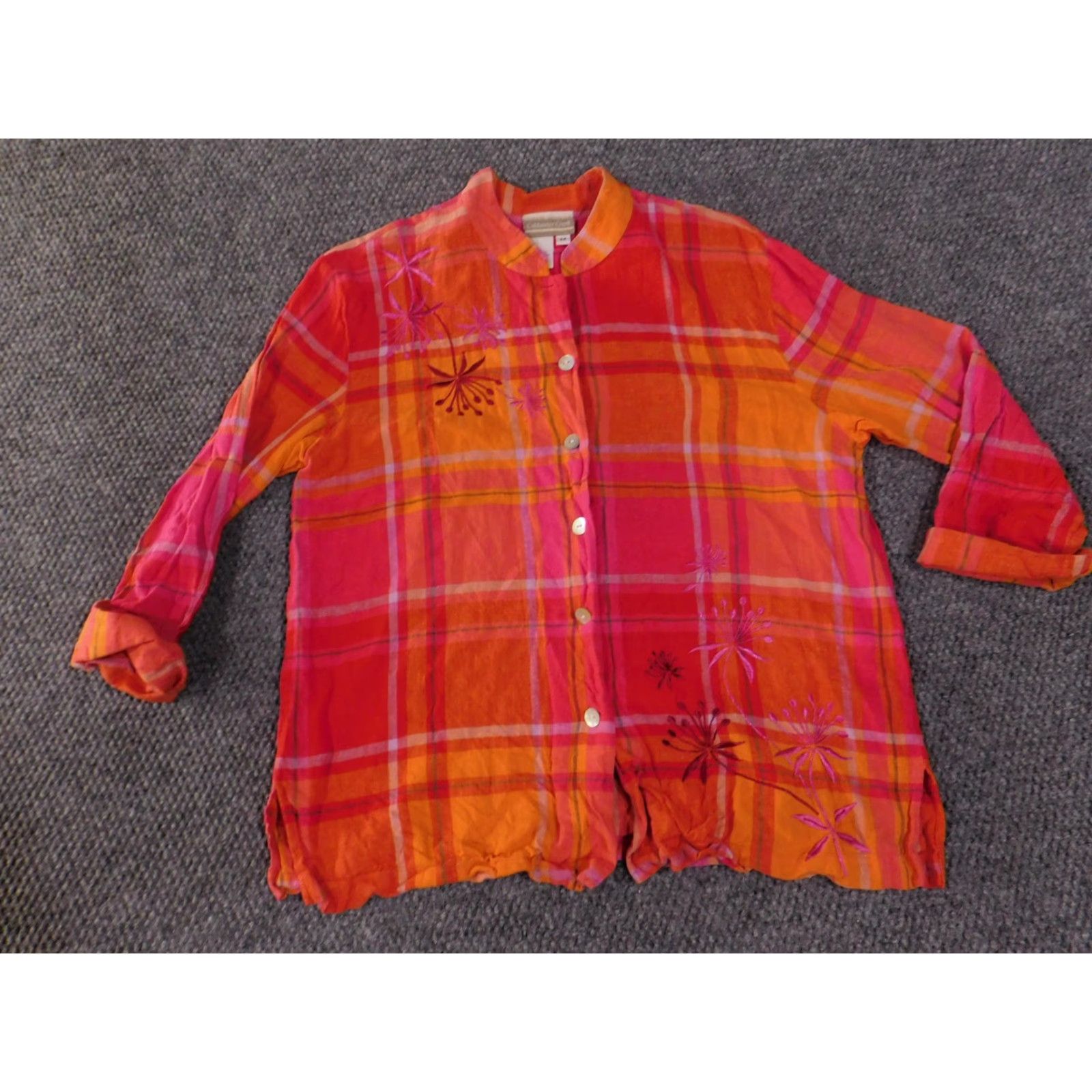 Coldwater Creek VINTAGE Coldwater Creek Shirt Womens Medium Orange Plaid Linen Rayon Embroidered Floral Size M / US 6-8 / IT 42-44 - 5 Thumbnail