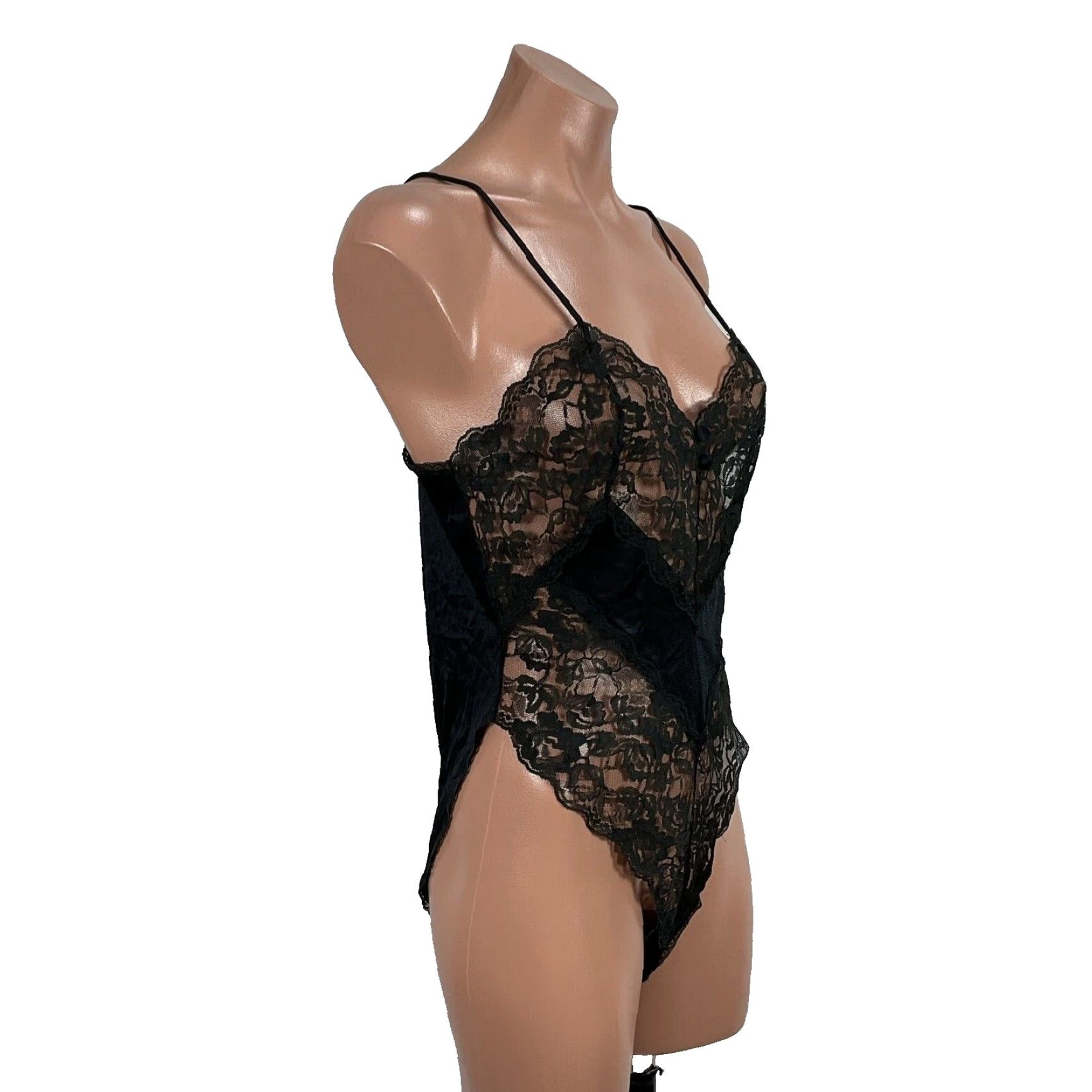 VINTAGE Vassarette Black Satin Lace Teddy Bodysuit Snap Closure Size S Adult Women’s Nightwear 1980s Eveningwear Womens