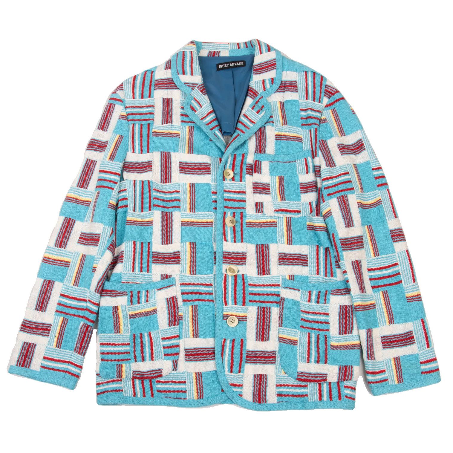 Issey Miyake Cotton Stripe Knit Patchwork Design Jacket in White and Blue Size US XL / EU 56 / 4 - 1 Thumbnail