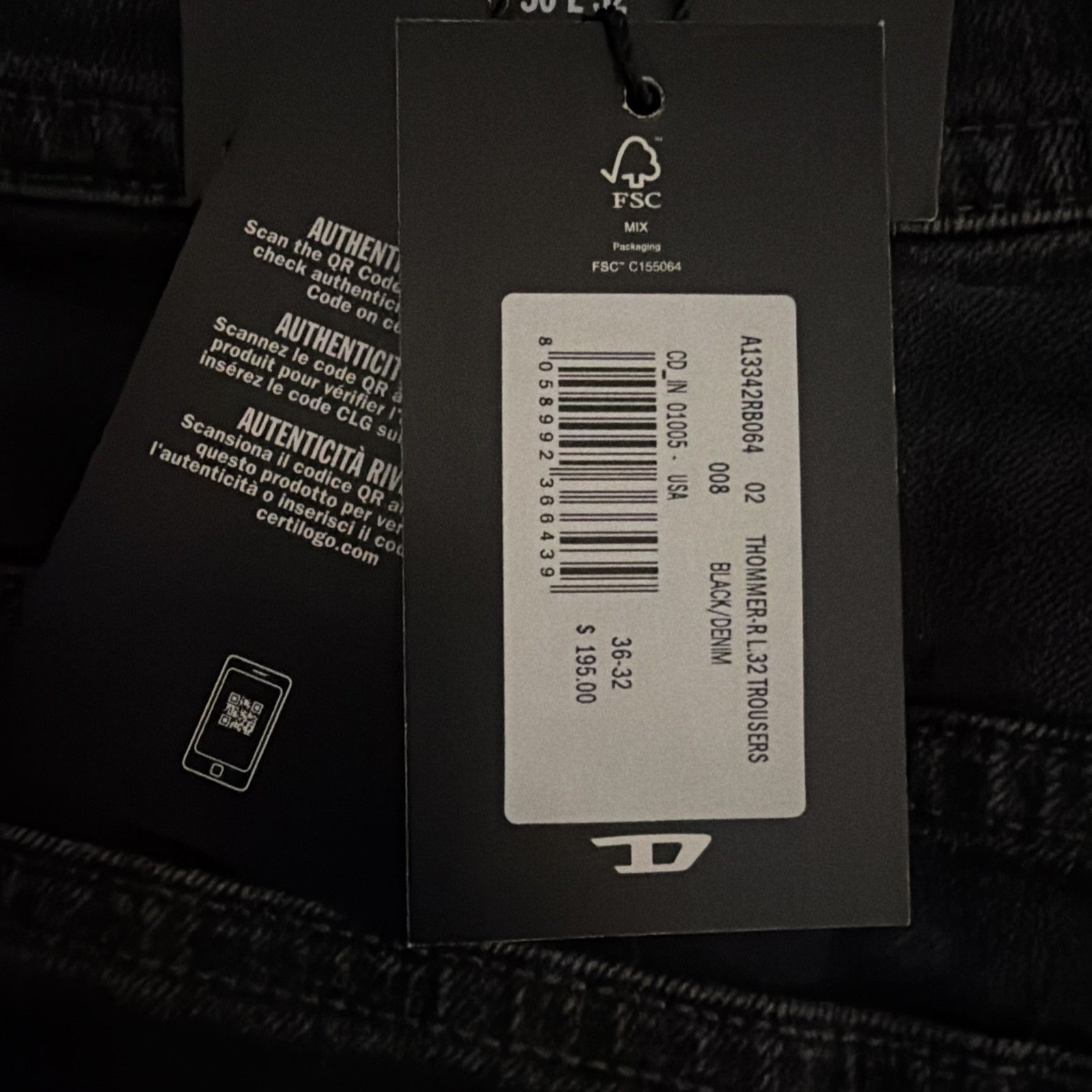Diesel Diesel Mens Thommer Slim Fit Jeans RB064 Black Size 36/32 Size US 36 / EU 52 - 8 Thumbnail