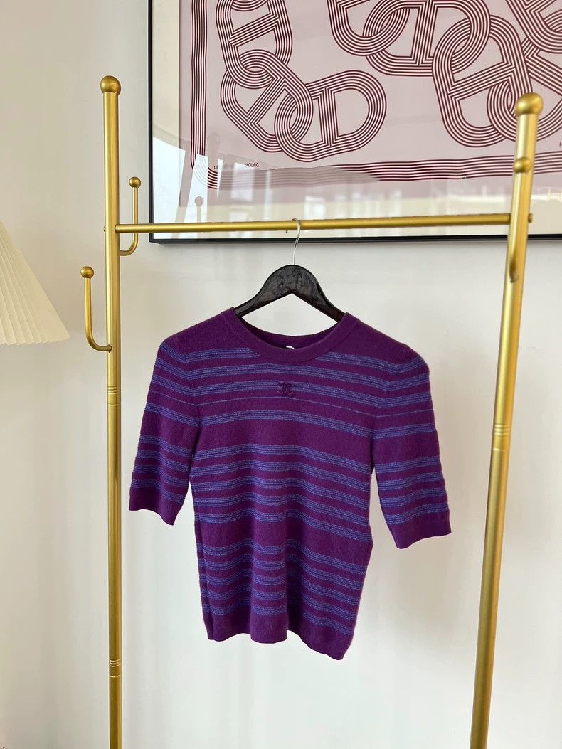 Chanel Chanel 23B purple striped shiny cashmere round-neck short- Size XS / US 0-2 / IT 36-38 - 1 Thumbnail