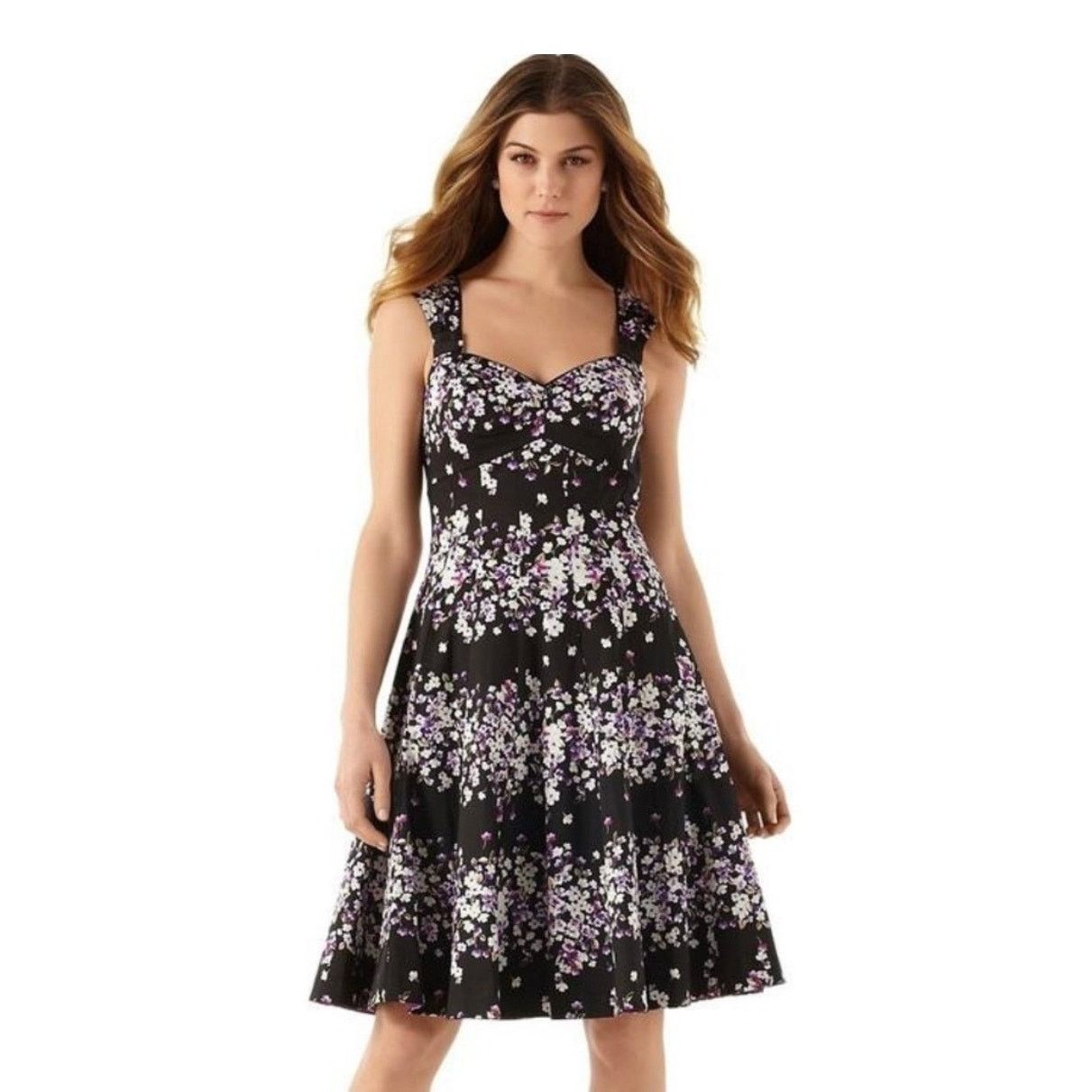 White House Black Market WHBM Black Purple Floral A Line Dress 0 2 4 6 S Dark Fairy Size S / US 4 / IT 40 - 2 Thumbnail