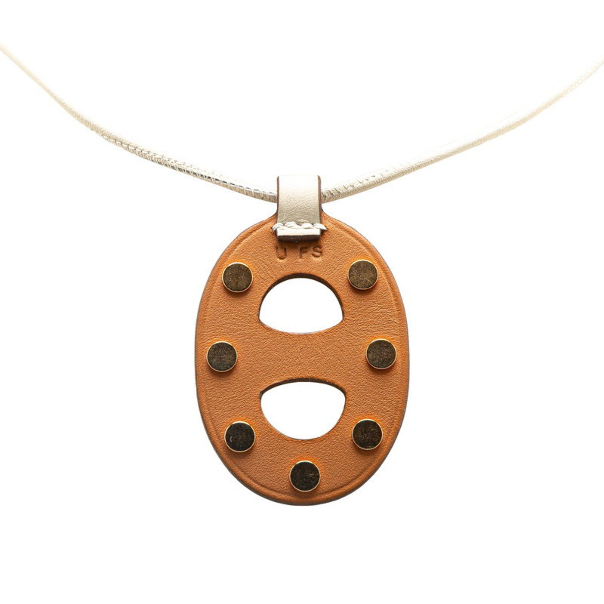 Hermes Hermes Chaine d'Ancre PM Stud Necklace Beige Brown Swift Leather Women's HERMES Size ONE SIZE - 1 Thumbnail