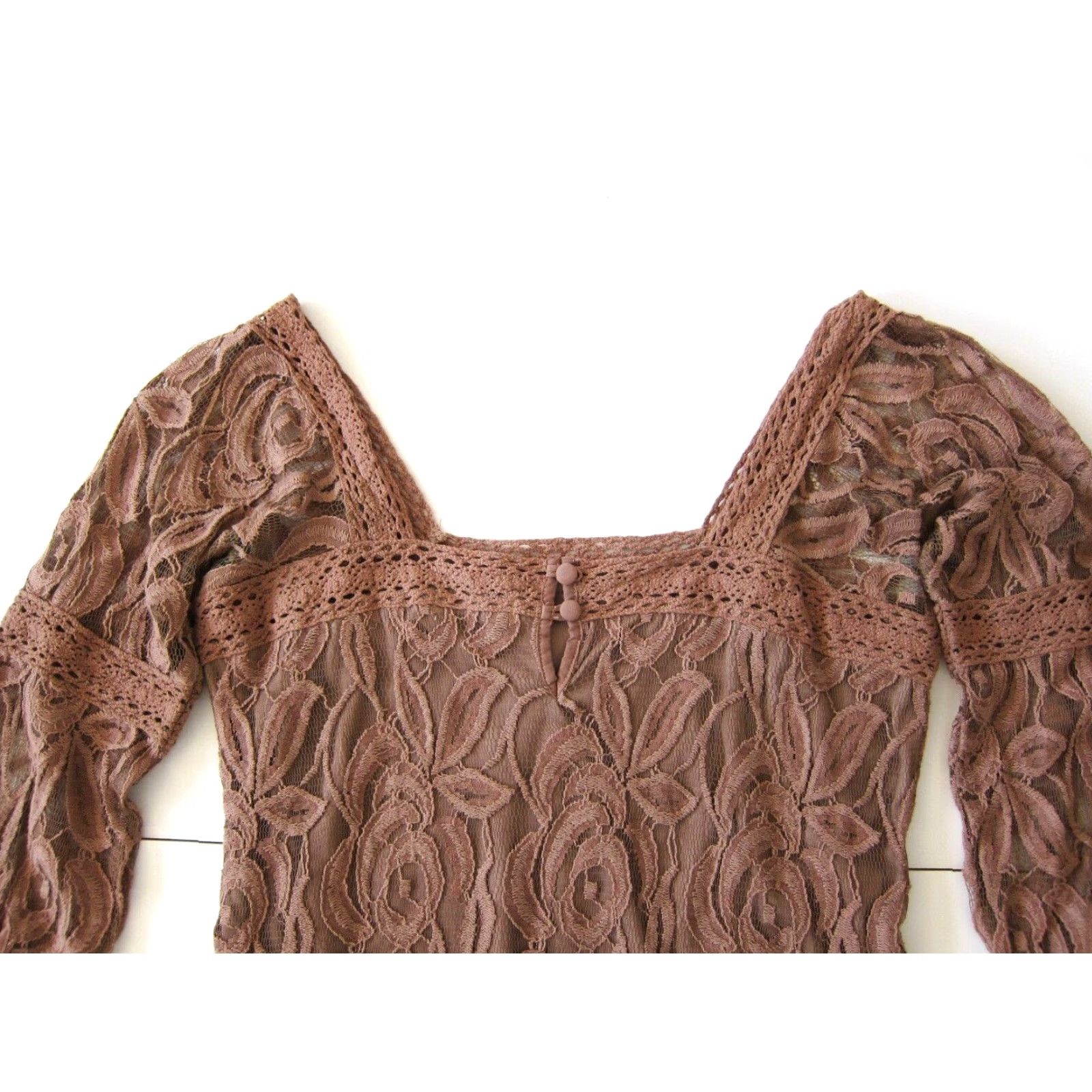 Vintage Solitaire Ravi Khosla Brown Crochet Lace Square Neck 3/4 Sleeve Tunic Dress M Size M / US 6-8 / IT 42-44 - 5 Thumbnail