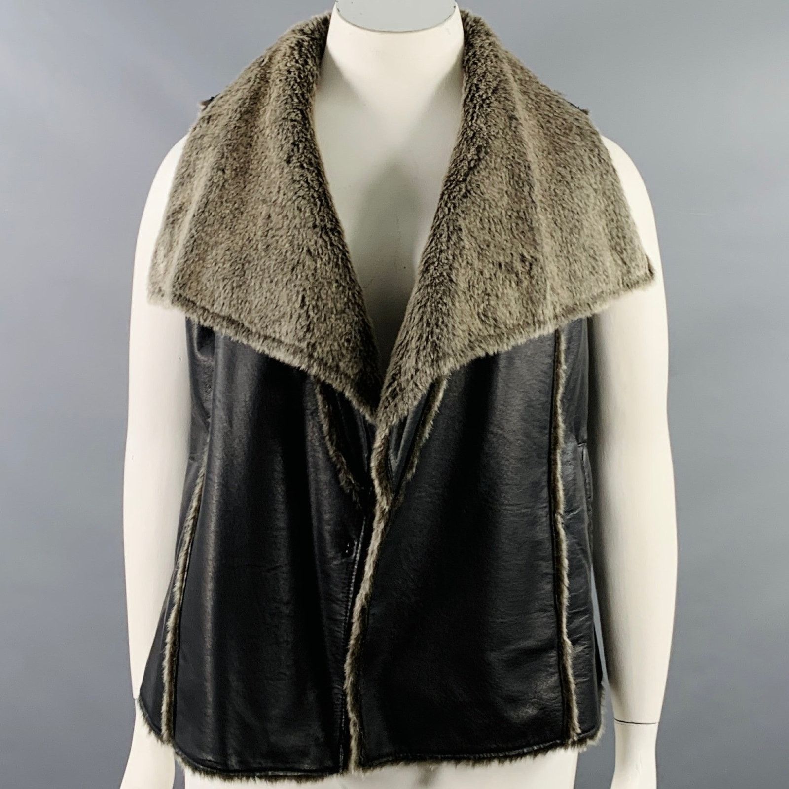Other TRIBES Size L Black Grey Leather Faux Fur Open Front Vest Size L / US 10 / IT 46 - 1 Thumbnail