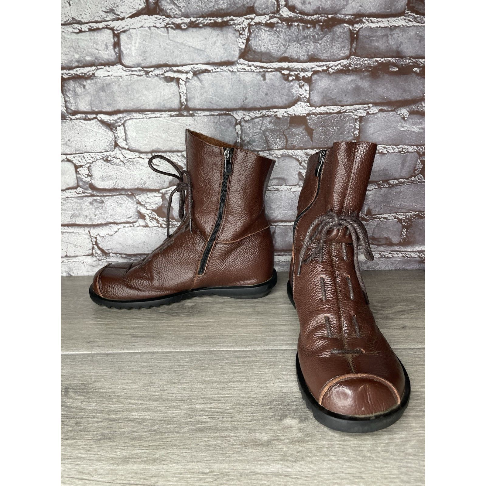 RUIbuilt Hin Rui VTG Brown Leather Ankle Boots Rope Laces Side Zip Wo Size US 8.5 / IT 38.5 - 19 Thumbnail