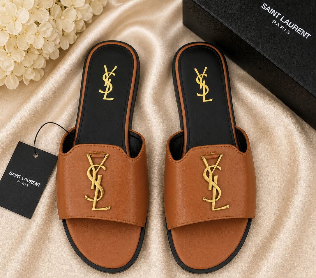 Yves Saint Laurent Brown Gold Accent Slide Sandals for Women Size US 8.5 / IT 38.5 - 1 Thumbnail