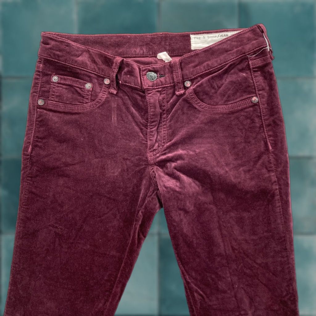 Rag & Bone rag & bone Women's Pants 27 Burgundy Red Velvet Stretch Skinny Leg Flat Front Low Rise Cotton Rayon Spandex Size 27" / US 4 / IT 40 - 1 Thumbnail