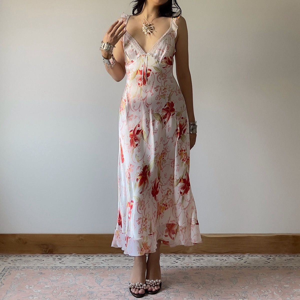Other Romantic White Floral Satin Maxi Slip Dress (L) Size L / US 10 / IT 46 - 5 Thumbnail