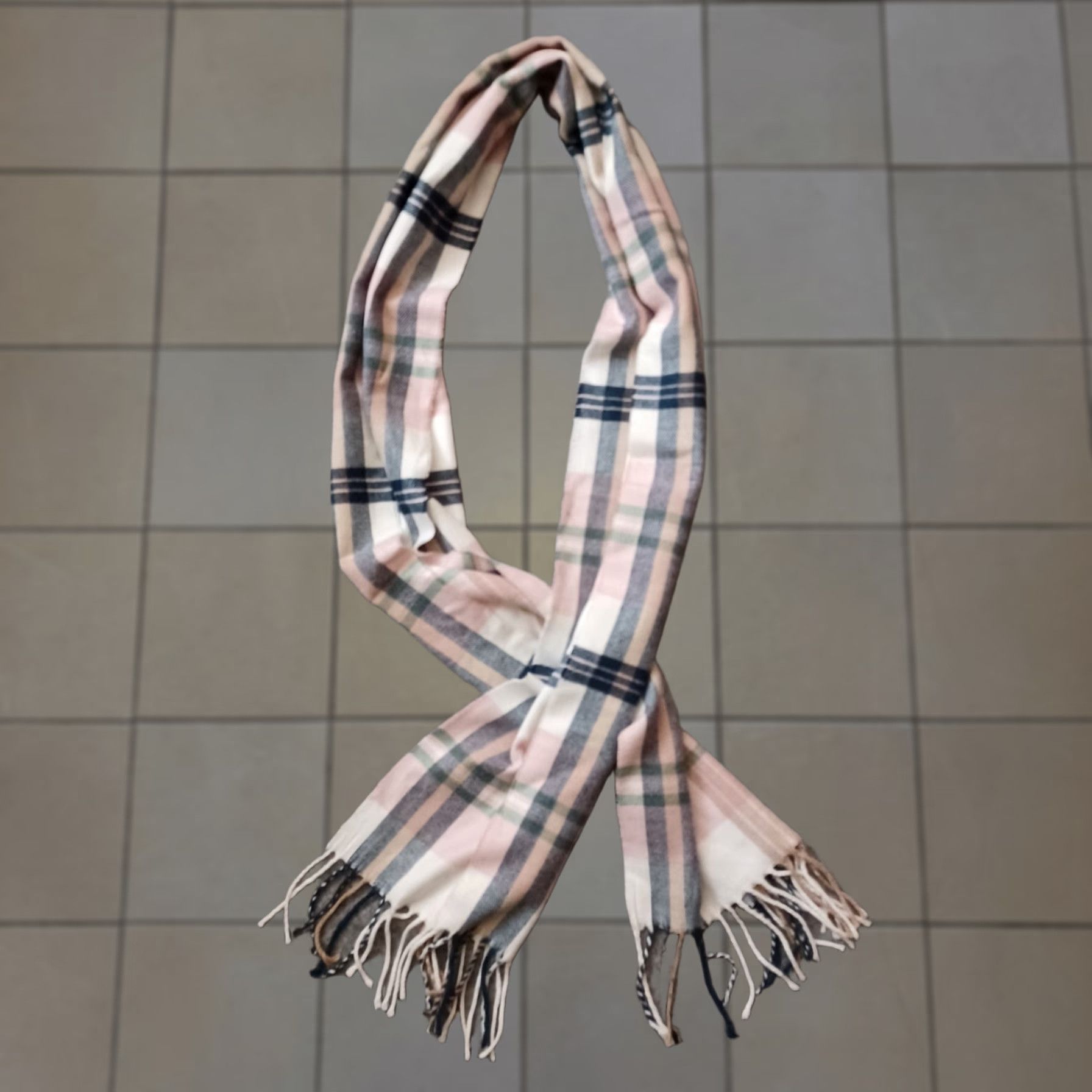 Vintage Italy Design Cashmere Feel Scarf Rectangle Pink Ivory Blue Plaid Fringe Winter Women Size ONE SIZE - 1 Thumbnail