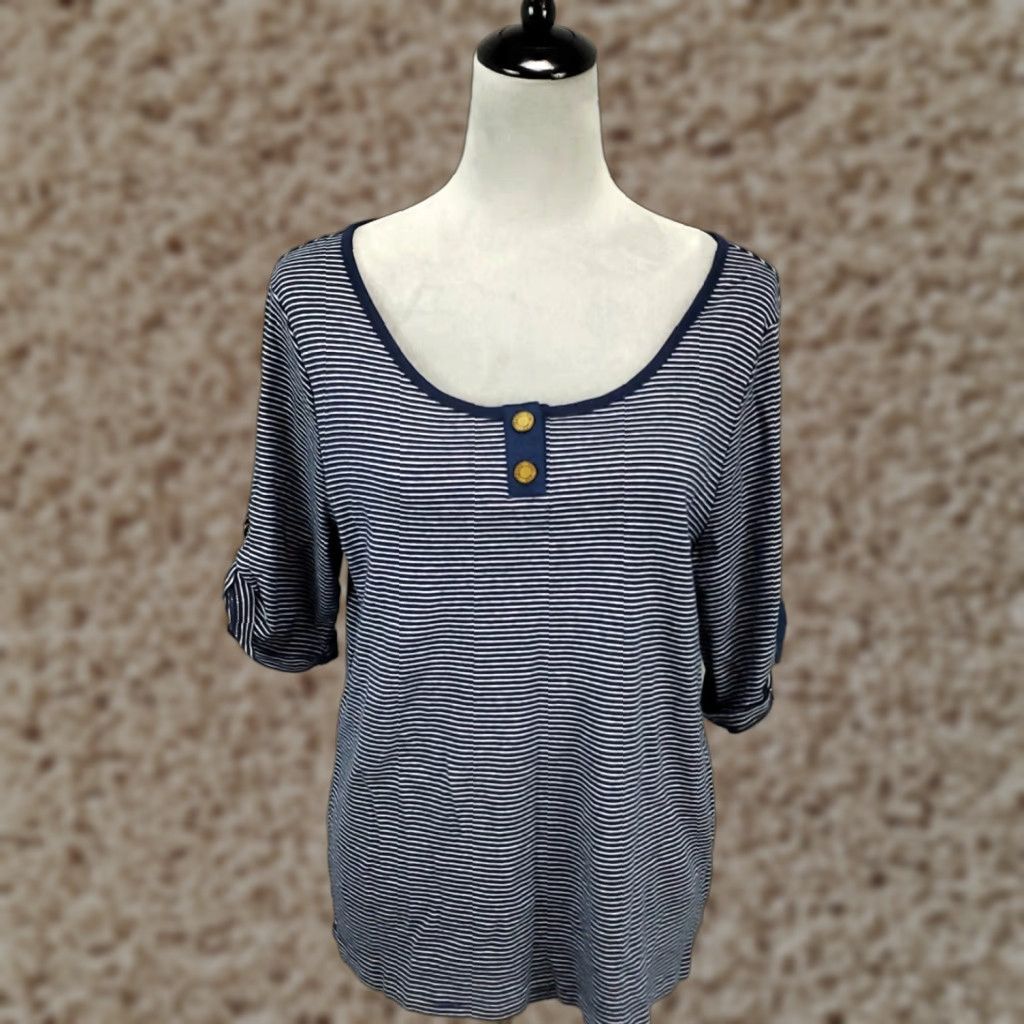 Chaps Chaps Womens Blouse 1X Size Plus Blue Nautical Striped Roll Tab Sleeve Short Sleeve Buckle Accent Size XL / US 12-14 / IT 48-50 - 1 Thumbnail
