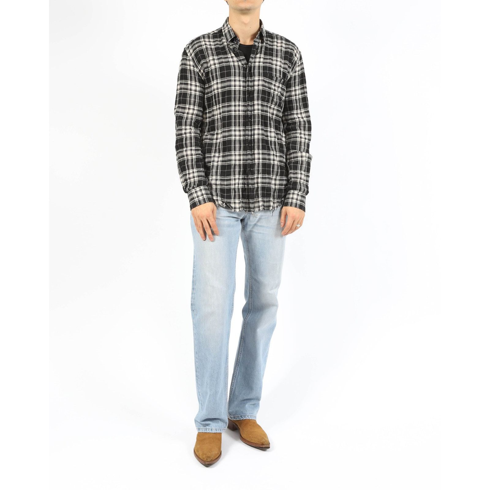 Saint Laurent Paris SS17 Crinkled Raw Hemd Flannel in Black & White Wool Size US M / EU 48-50 / 2 - 3 Thumbnail
