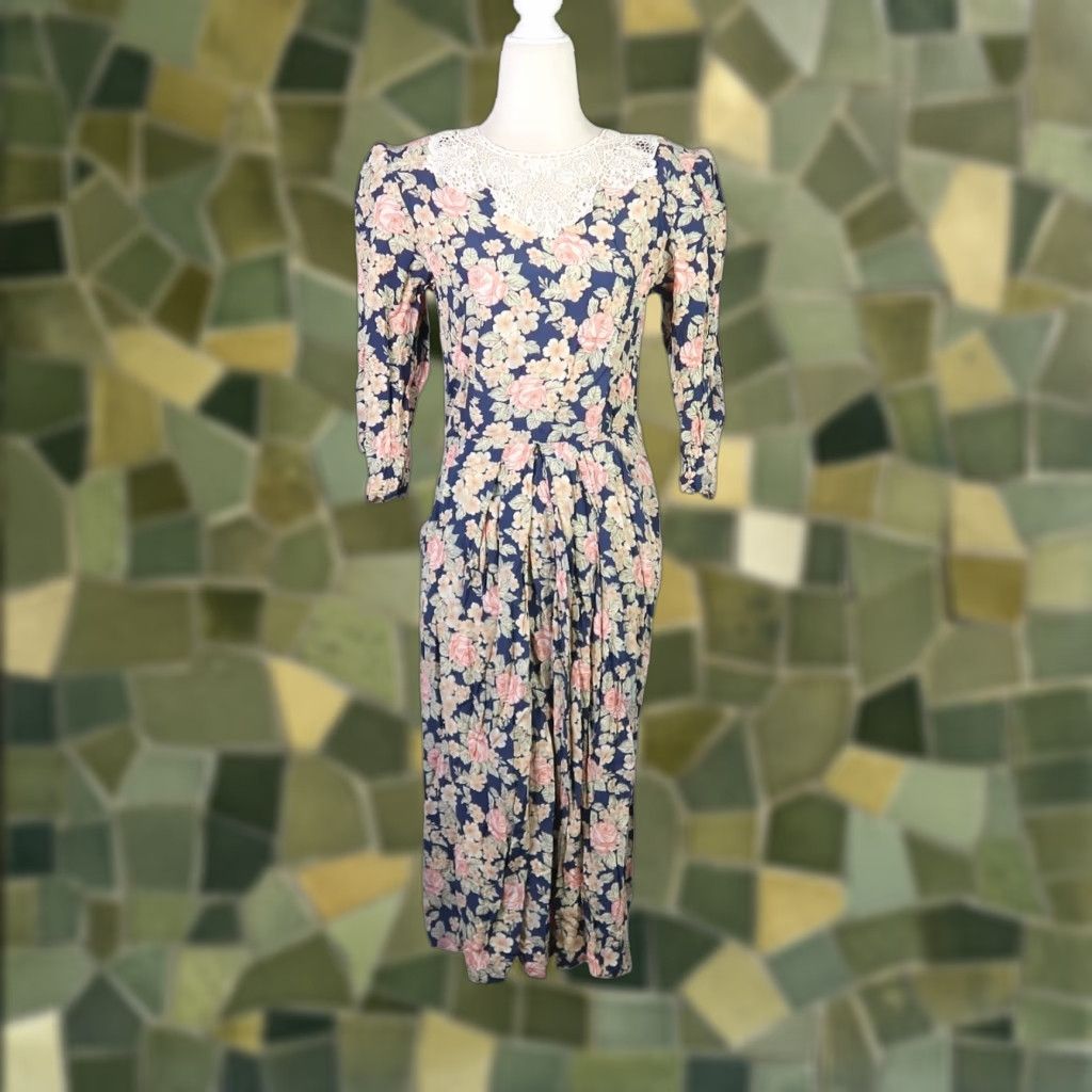 Vintage VINTAGE 80s E.D. Michaels Navy Blue Floral Lace Collar Midi Dress 6 Size M / US 6-8 / IT 42-44 - 1 Thumbnail