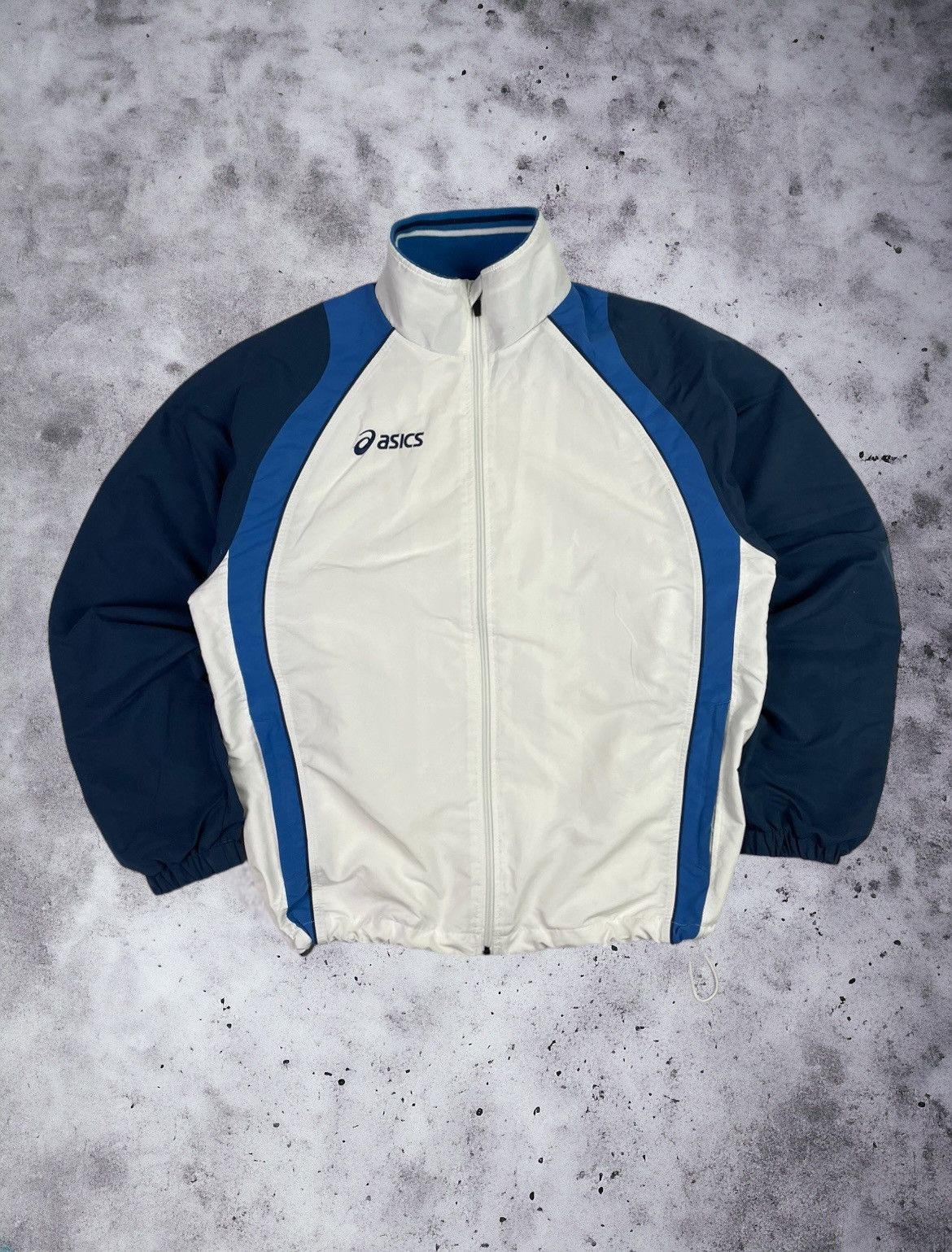 image of 90's Asics Drill Track Nylon Jacket Sweatshirt Zip in Blue White, Men's (Size XL)