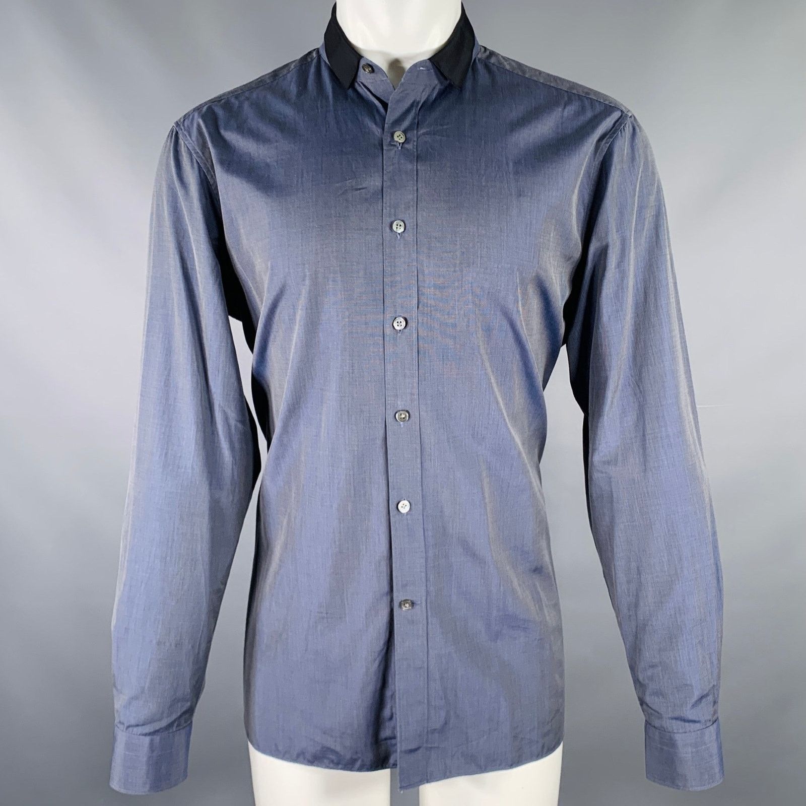 Size M Navy Black Grid Cotton Button Up Long Sleeve Shirt