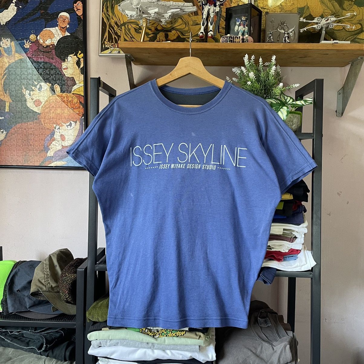 image of Vintage Issey Miyake Skyline Reversible Tee Shirt in Blue, Men's (Size Medium)