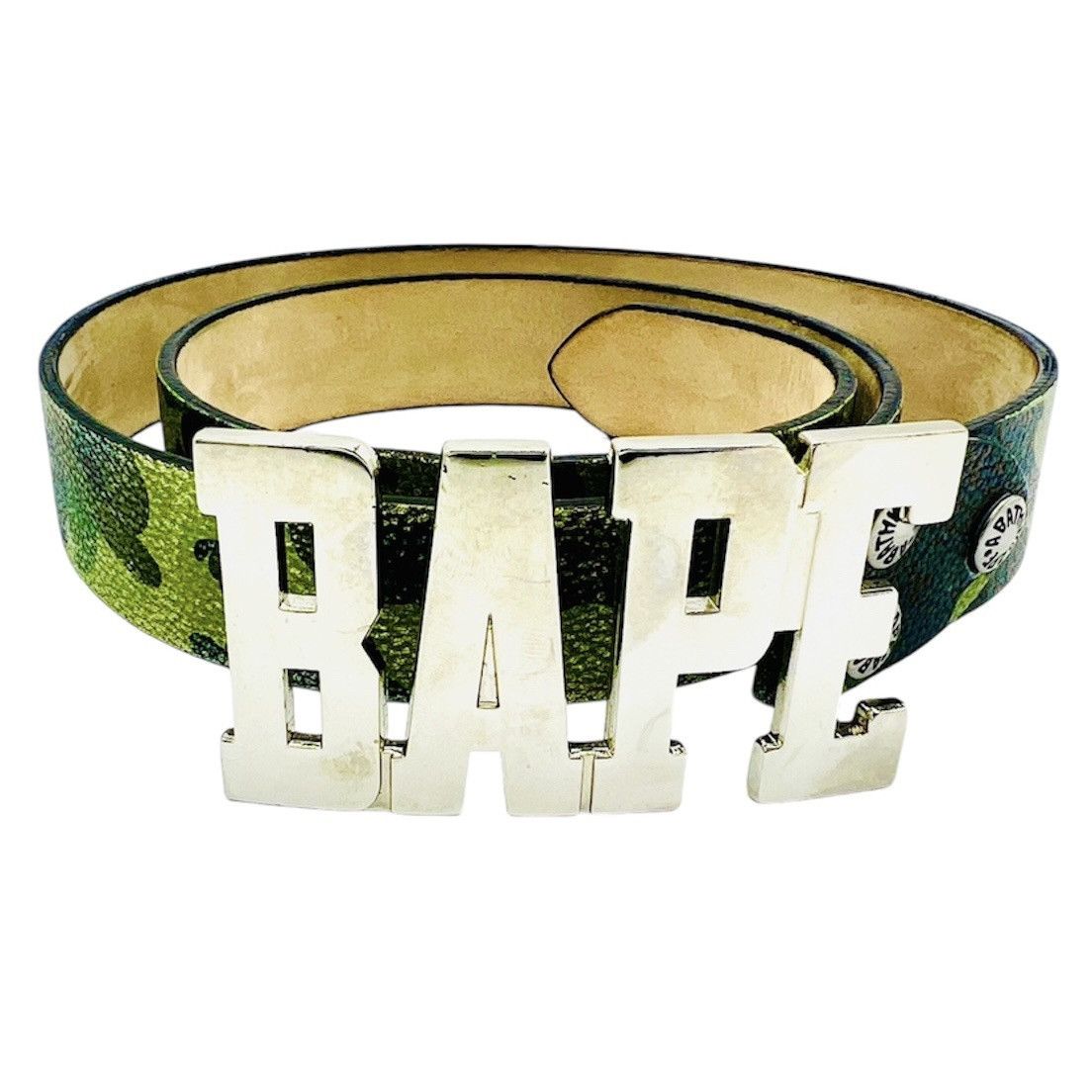 Bape Vintage Nigo BAPE Belt - XL Silver Buckle Green Camo Leather Size 38 - 1 Thumbnail