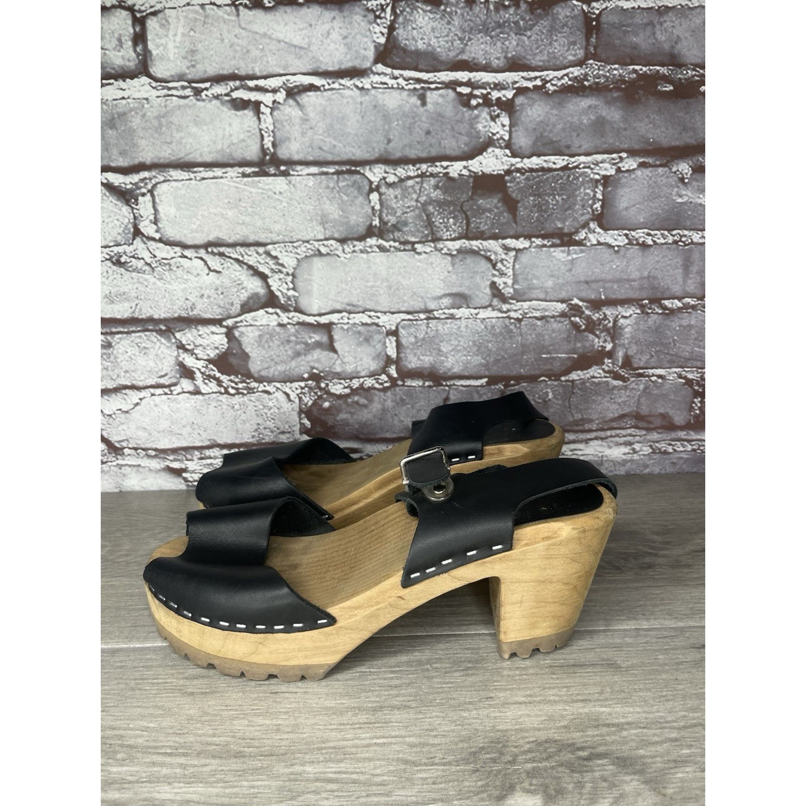 Swedish Hasbeens Black Leather Wooden Heel Peep Toe Ankle St