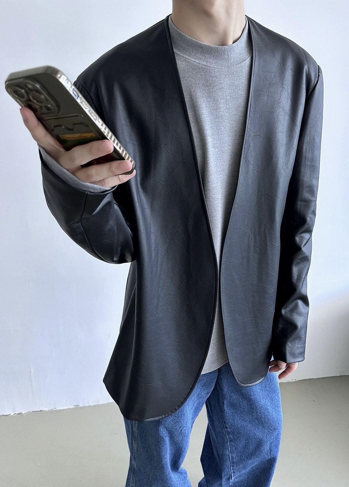 Japanese Brand × Vintage Retro cracked pu leather no collar collarless blazer jacket Size US L / EU 52-54 / 3 - 3 Thumbnail