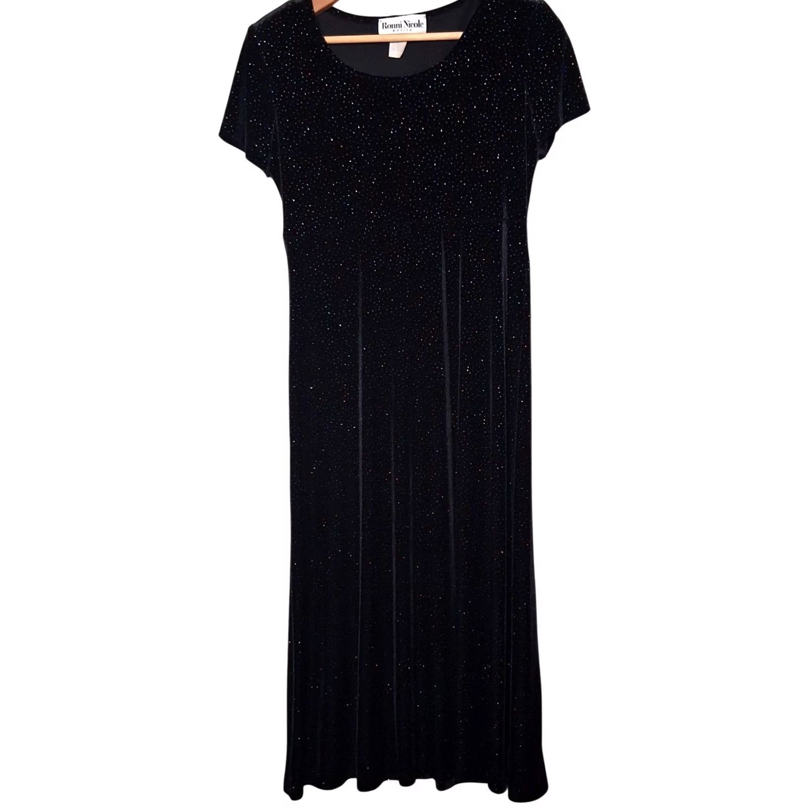 Velour VINTAGE Ronni Nicole Maxi Dress 6P Black Velour Rainbow Glitter Whimsical 90s Party Cocktail Wedding Womens Girls Size M / US 6-8 / IT 42-44 - 2 Thumbnail