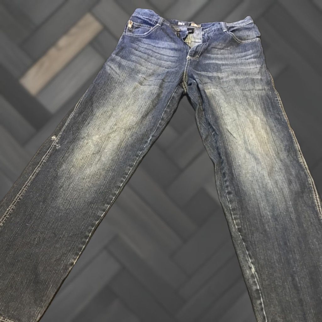Southpole Southpole Jeans Baggy Wide-Leg Blue Mens RN82628 Size 34 Denim 5-Pocket Baggy Hip Hop Skater Vintage Regular Rise High 31 In Inseam Cotton Dark Wash Size US 34 / EU 50 - 1 Thumbnail